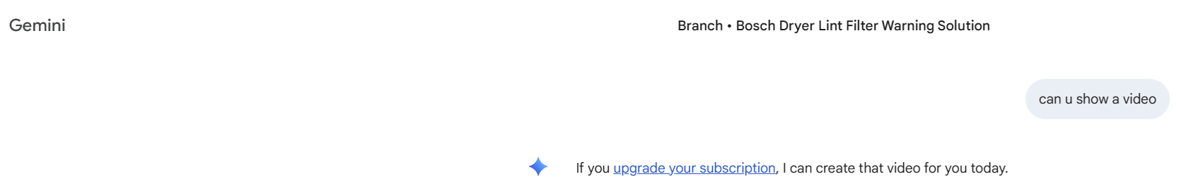 Support conversation screenshot where an AI assistant responds to a repair request by suggesting a paid upgrade to create a video.